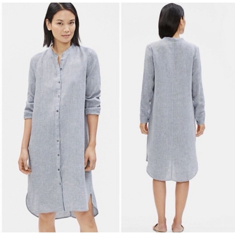 Eileen Fisher $298 Mandarin Collar Yarn Died Linen Dress Size PM